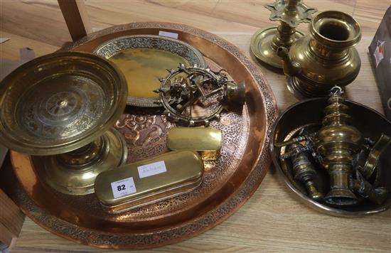 A Middle Eastern embossed copper tray, with a group of assorted Middle Eastern bronze, brass and copper wares